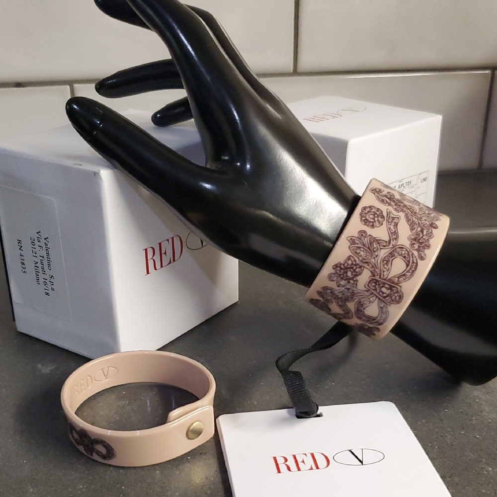 RED Valentino Pale Rose & Black Wide Silicone Lace Print Cuff Bracelet 7"